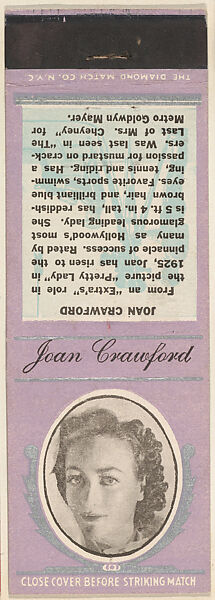 Joan Crawford from Movie Stars Match Cover design series (U21) issued by Diamond Match Company, The Diamond Match Company, Printed matchbook 