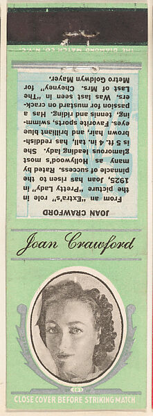 Joan Crawford from Movie Stars Match Cover design series (U21) issued by Diamond Match Company, The Diamond Match Company, Printed matchbook 