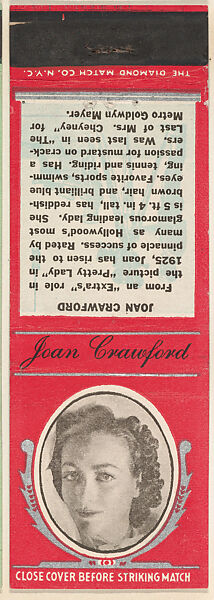 Joan Crawford from Movie Stars Match Cover design series (U21) issued by Diamond Match Company, The Diamond Match Company, Printed matchbook 