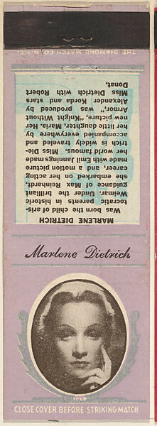Marlene Dietrich from Movie Stars Match Cover design series (U21) issued by Diamond Match Company, The Diamond Match Company, Printed matchbook 