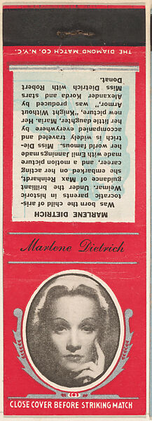 Marlene Dietrich from Movie Stars Match Cover design series (U21) issued by Diamond Match Company, The Diamond Match Company, Printed matchbook 