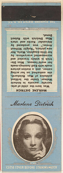Marlene Dietrich from Movie Stars Match Cover design series (U21) issued by Diamond Match Company, The Diamond Match Company, Printed matchbook 