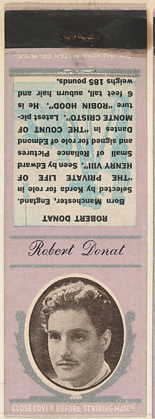 Robert Donat from Movie Stars Match Cover design series (U21) issued by Diamond Match Company, The Diamond Match Company, Printed matchbook 