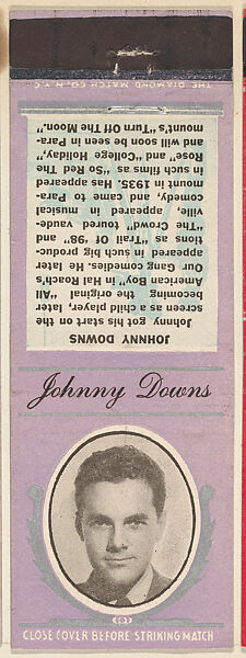 Johnny Downs from Movie Stars Match Cover design series (U21) issued by Diamond Match Company, The Diamond Match Company, Printed matchbook 