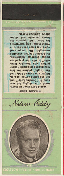 Nelson Eddy from Movie Stars Match Cover design series (U21) issued by Diamond Match Company, The Diamond Match Company, Printed matchbook 