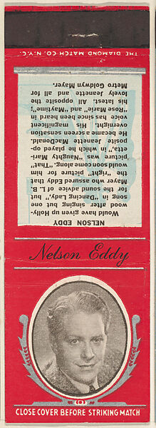 Nelson Eddy from Movie Stars Match Cover design series (U21) issued by Diamond Match Company, The Diamond Match Company, Printed matchbook 