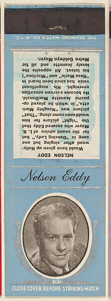 Nelson Eddy from Movie Stars Match Cover design series (U21) issued by Diamond Match Company, The Diamond Match Company, Printed matchbook 