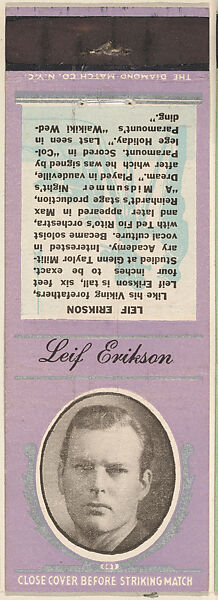 Leif Erikson from Movie Stars Match Cover design series (U21) issued by Diamond Match Company, The Diamond Match Company, Printed matchbook 