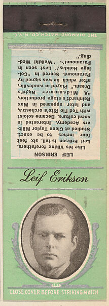 Leif Erikson from Movie Stars Match Cover design series (U21) issued by Diamond Match Company, The Diamond Match Company, Printed matchbook 