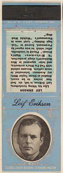 Leif Erikson from Movie Stars Match Cover design series (U21) issued by Diamond Match Company, The Diamond Match Company, Printed matchbook 
