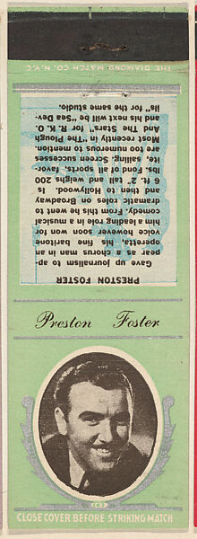 Preston Foster from Movie Stars Match Cover design series (U21) issued by Diamond Match Company, The Diamond Match Company, Printed matchbook 