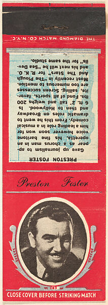 Preston Foster from Movie Stars Match Cover design series (U21) issued by Diamond Match Company, The Diamond Match Company, Printed matchbook 