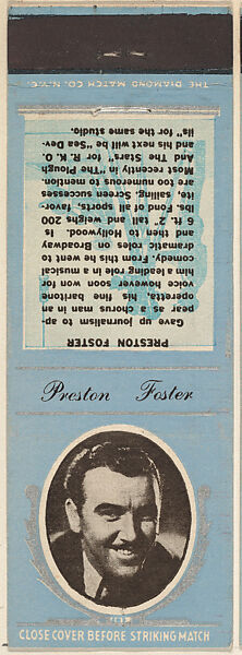Preston Foster from Movie Stars Match Cover design series (U21) issued by Diamond Match Company, The Diamond Match Company, Printed matchbook 