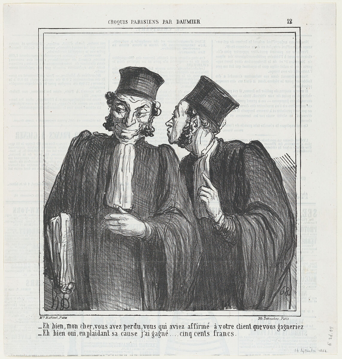 Well my friend, it seems you have lost..., from 'Parisian sketches,' published in Le Charivari, September 14, 1864, Honoré Daumier (French, Marseilles 1808–1879 Valmondois), Lithograph on newsprint; second state of two (Delteil) 