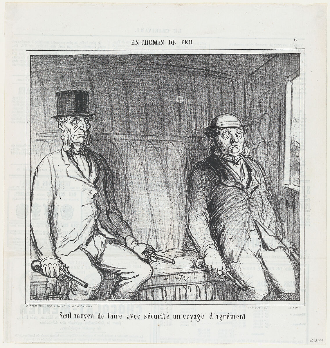 The only way to be safe on a pleasure trip, from 'On the train,' published in Le Charivari, September 3, 1864, Honoré Daumier (French, Marseilles 1808–1879 Valmondois), Lithograph on newsprint; third state of three (Delteil) 