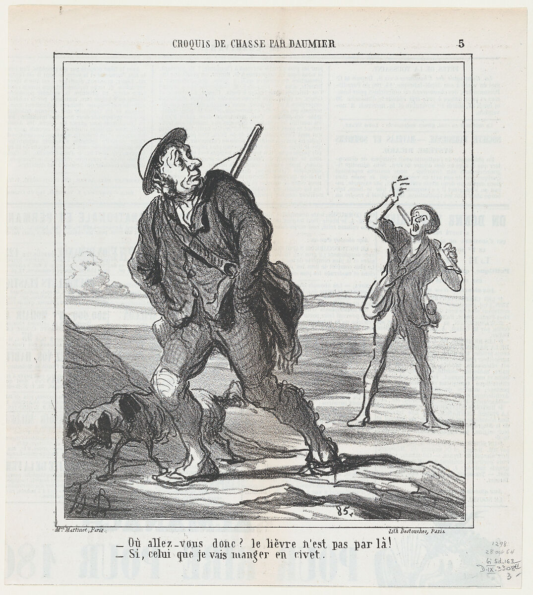 But where are you going? The hare is not in that direction!, from 'Hunting sketches,' published in Le Charivari, October 28, 1864, Honoré Daumier (French, Marseilles 1808–1879 Valmondois), Lithograph on newsprint; second state of two (Delteil) 