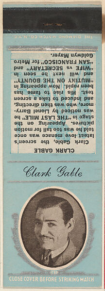Clark Gable from Movie Stars Match Cover design series (U21) issued by Diamond Match Company, The Diamond Match Company, Printed matchbook 