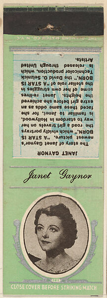 Janet Gaynor from Movie Stars Match Cover design series (U21) issued by Diamond Match Company, The Diamond Match Company, Printed matchbook 