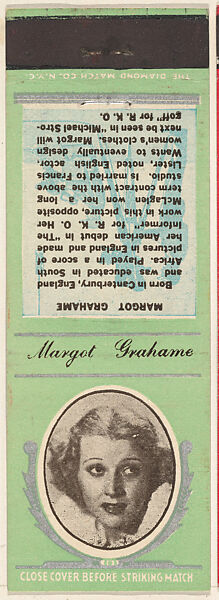 Margot Grahame from Movie Stars Match Cover design series (U21) issued by Diamond Match Company, The Diamond Match Company, Printed matchbook 