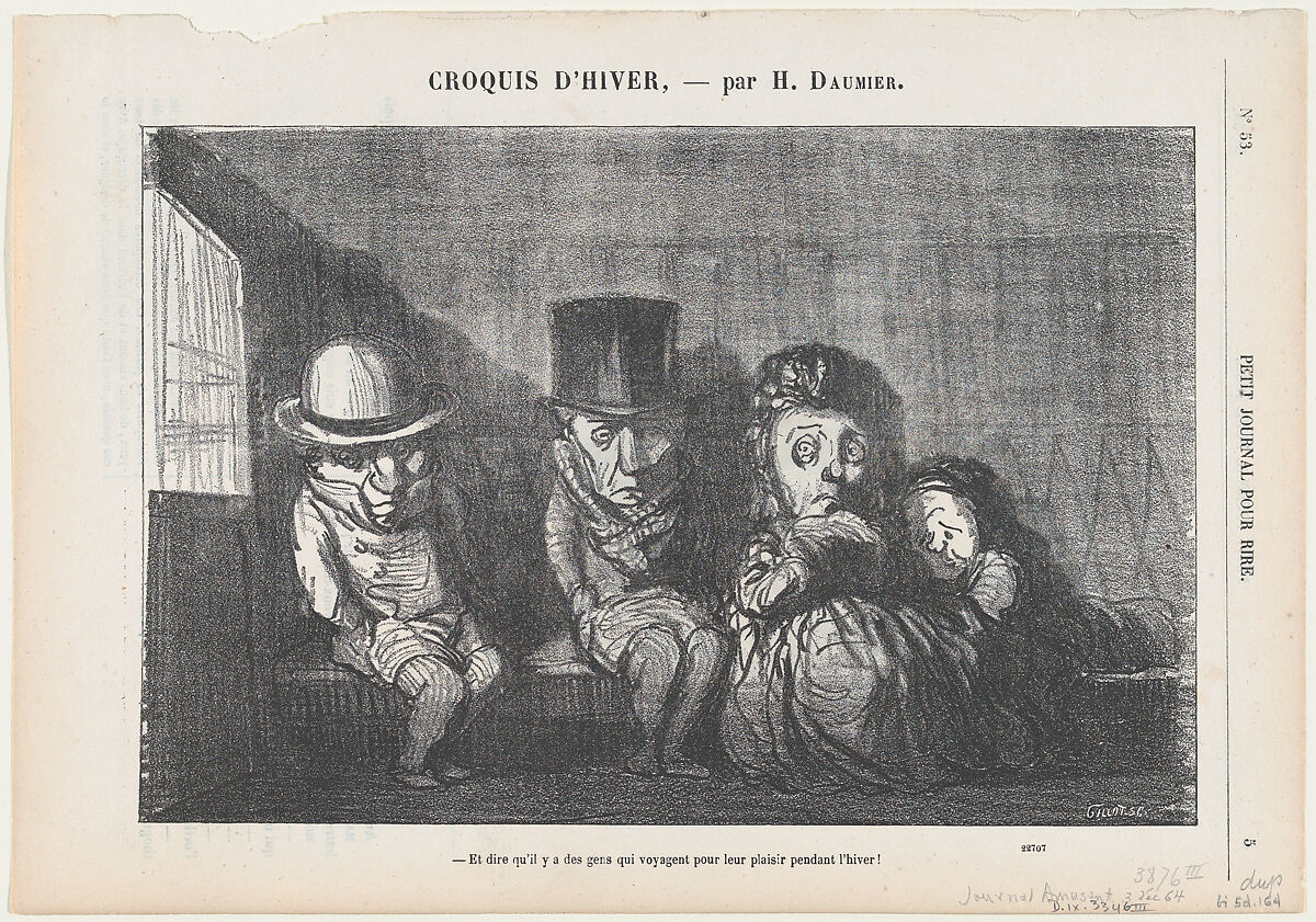 To imagine that there are people who even travel in winter for fun and enjoyment!, from 'Winter sketches,' published in Le Petit Journal pour Rire, December 3, 1864, Honoré Daumier (French, Marseilles 1808–1879 Valmondois), Lithograph on newsprint; third state of three (Delteil) 