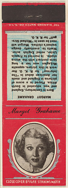 Margot Grahame from Movie Stars Match Cover design series (U21) issued by Diamond Match Company, The Diamond Match Company (American, founded 1881), Printed matchbook 