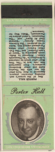 Porter Hall from Movie Stars Match Cover design series (U21) issued by Diamond Match Company, The Diamond Match Company, Printed matchbook 