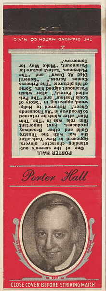 Porter Hall from Movie Stars Match Cover design series (U21) issued by Diamond Match Company, The Diamond Match Company, Printed matchbook 
