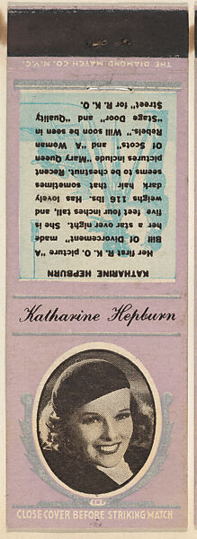Katharine Hepburn from Movie Stars Match Cover design series (U21) issued by Diamond Match Company, The Diamond Match Company, Printed matchbook 