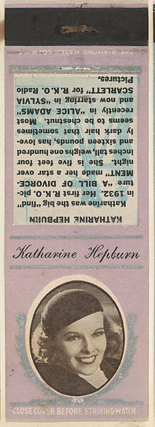 Katharine Hepburn from Movie Stars Match Cover design series (U21) issued by Diamond Match Company, The Diamond Match Company, Printed matchbook 