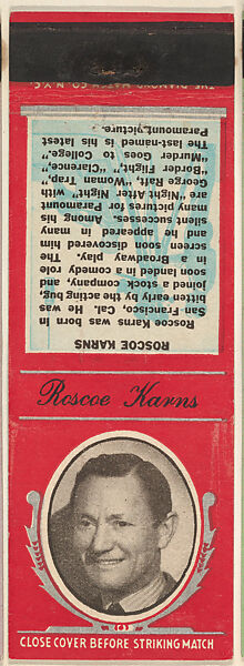 Roscoe Karns from Movie Stars Match Cover design series (U21) issued by Diamond Match Company, The Diamond Match Company, Printed matchbook 