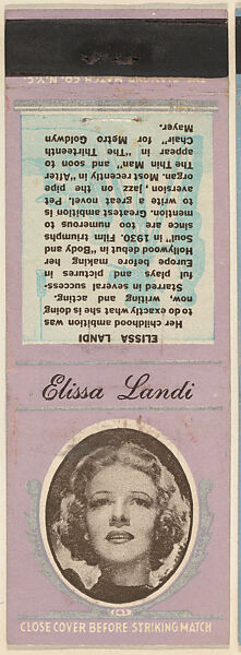 Elissa Landi from Movie Stars Match Cover design series (U21) issued by Diamond Match Company, The Diamond Match Company, Printed matchbook 