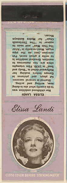 Elissa Landi from Movie Stars Match Cover design series (U21) issued by Diamond Match Company, The Diamond Match Company (American, founded 1881), Printed matchbook 