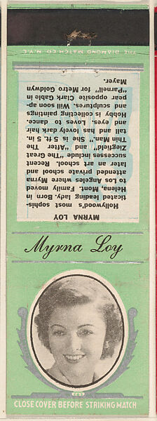 Myrna Loy from Movie Stars Match Cover design series (U21) issued by Diamond Match Company, The Diamond Match Company, Printed matchbook 