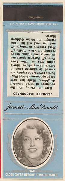 Jeanette MacDonald from Movie Stars Match Cover design series (U21) issued by Diamond Match Company, The Diamond Match Company, Printed matchbook 