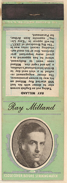 Ray Milland from Movie Stars Match Cover design series (U21) issued by Diamond Match Company, The Diamond Match Company, Printed matchbook 