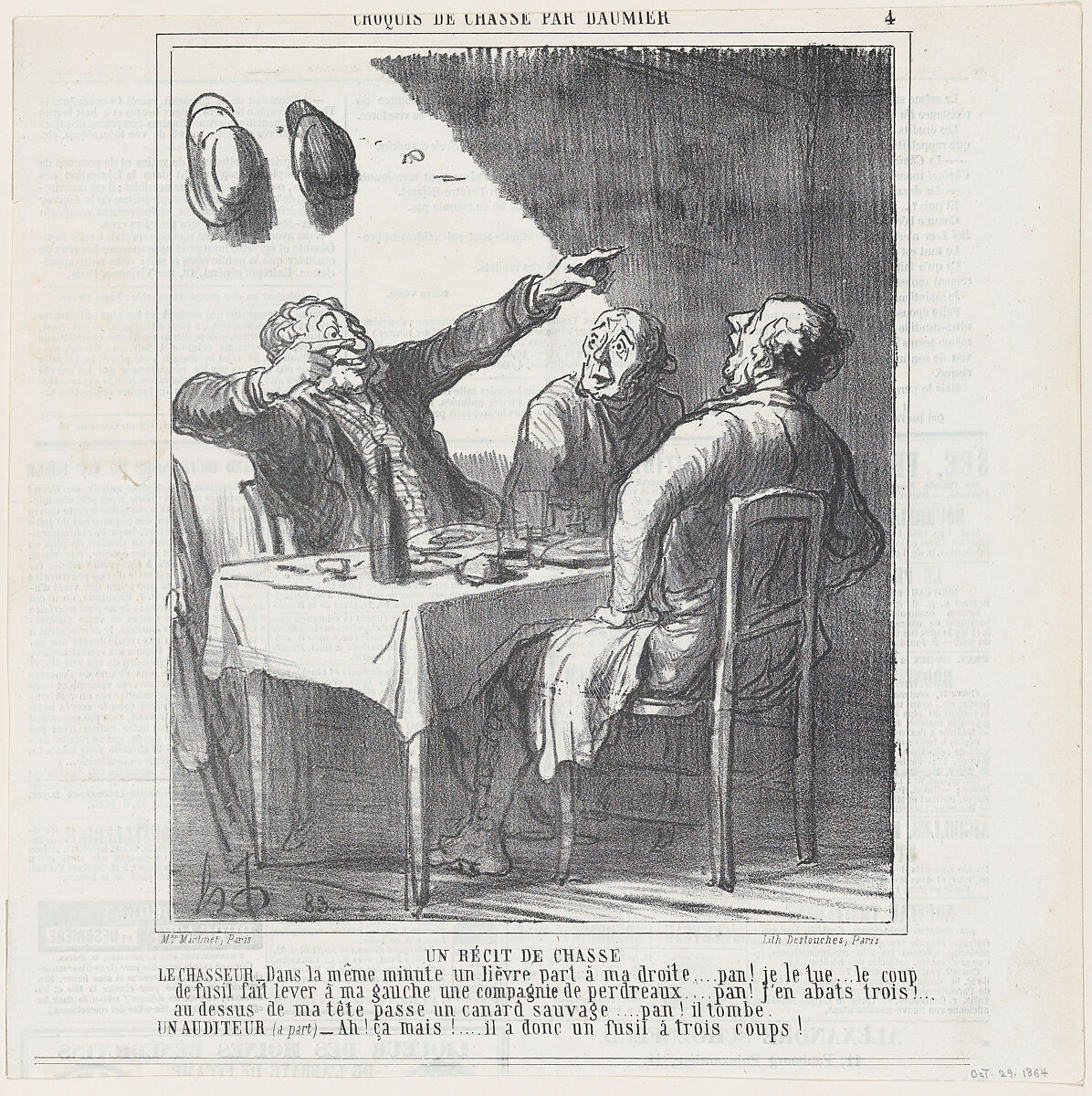 Hunters' tales, from 'Hunting sketches,' published in Le Charivari, October 29, 1864, Honoré Daumier (French, Marseilles 1808–1879 Valmondois), Lithograph on newsprint; third state of three (Delteil) 