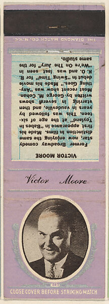 Victor Moore from Movie Stars Match Cover design series (U21) issued by Diamond Match Company, The Diamond Match Company, Printed matchbook 