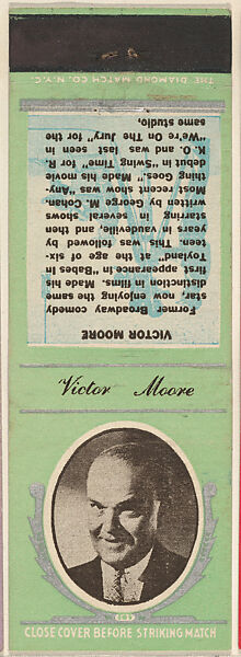 Victor Moore from Movie Stars Match Cover design series (U21) issued by Diamond Match Company, The Diamond Match Company, Printed matchbook 