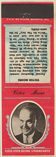 Victor Moore from Movie Stars Match Cover design series (U21) issued by Diamond Match Company, The Diamond Match Company, Printed matchbook 