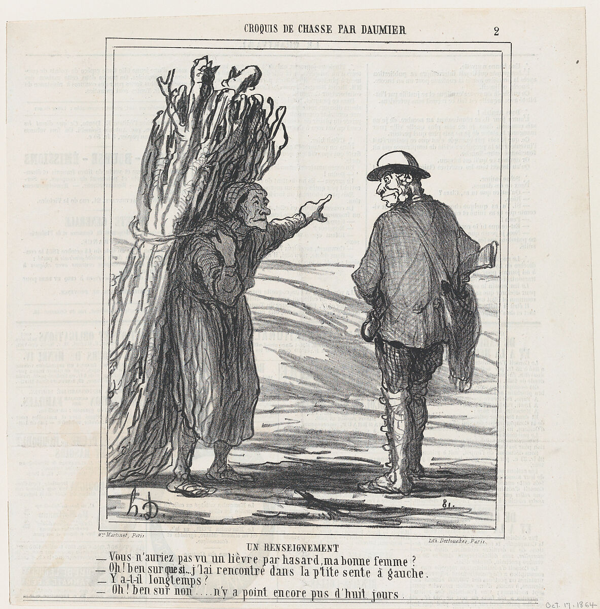 Information, from 'Hunting sketches,' published in Le Chiavari, October 17, 1864, Honoré Daumier (French, Marseilles 1808–1879 Valmondois), Lithograph on newsprint; second state of two 