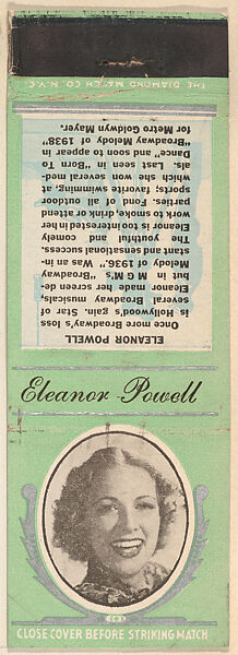 Eleanor Powell from Movie Stars Match Cover design series (U21) issued by Diamond Match Company, The Diamond Match Company, Printed matchbook 