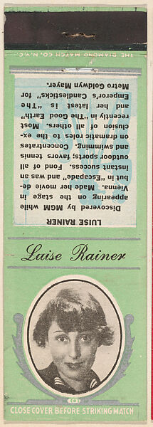 Luise Rainer from Movie Stars Match Cover design series (U21) issued by Diamond Match Company, The Diamond Match Company, Printed matchbook 