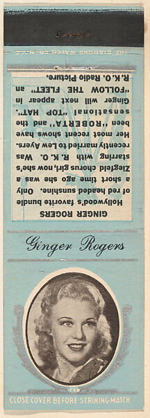 Ginger Rogers from Movie Stars Match Cover design series (U21) issued by Diamond Match Company, The Diamond Match Company, Printed matchbook 