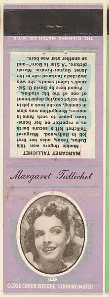 Margaret Tallichet from Movie Stars Match Cover design series (U21) issued by Diamond Match Company, The Diamond Match Company, Printed matchbook 