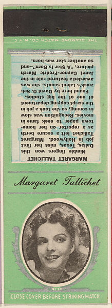 Margaret Tallichet from Movie Stars Match Cover design series (U21) issued by Diamond Match Company, The Diamond Match Company, Printed matchbook 