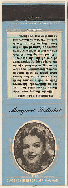 Margaret Tallichet from Movie Stars Match Cover design series (U21) issued by Diamond Match Company, The Diamond Match Company, Printed matchbook 