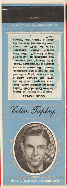 Colin Tapley from Movie Stars Match Cover design series (U21) issued by Diamond Match Company, The Diamond Match Company, Printed matchbook 