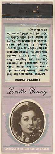 Loretta Young from Movie Stars Match Cover design series (U21) issued by Diamond Match Company