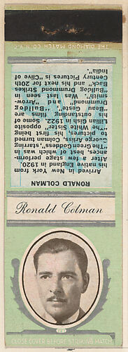 Ronald Colman from Movie Stars Match Cover design series (U21) issued by Diamond Match Company