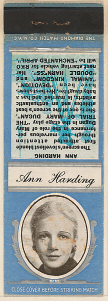 Ann Harding from Movie Stars Match Cover design series (U21) issued by Diamond Match Company, The Diamond Match Company, Printed matchbook 